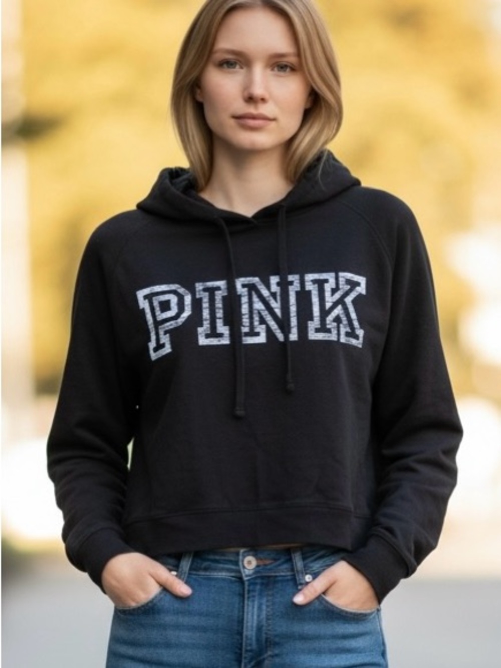 PINK Victoria's Secret Black Cropped Hoodie with White Logo